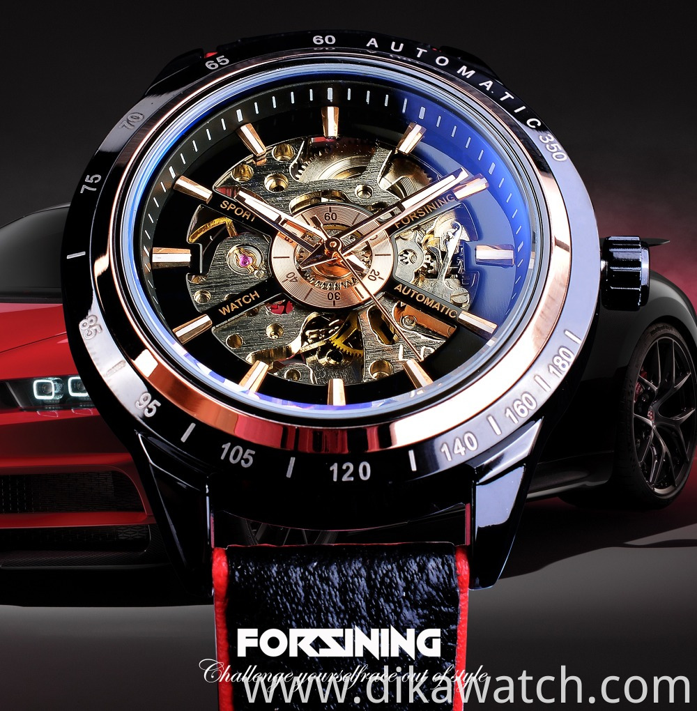 Top Brand Luxury Mens Forsining Motorcycle Design Transparent Genuine Strap Waterproof Skeleton Men Automatic Watches Clock